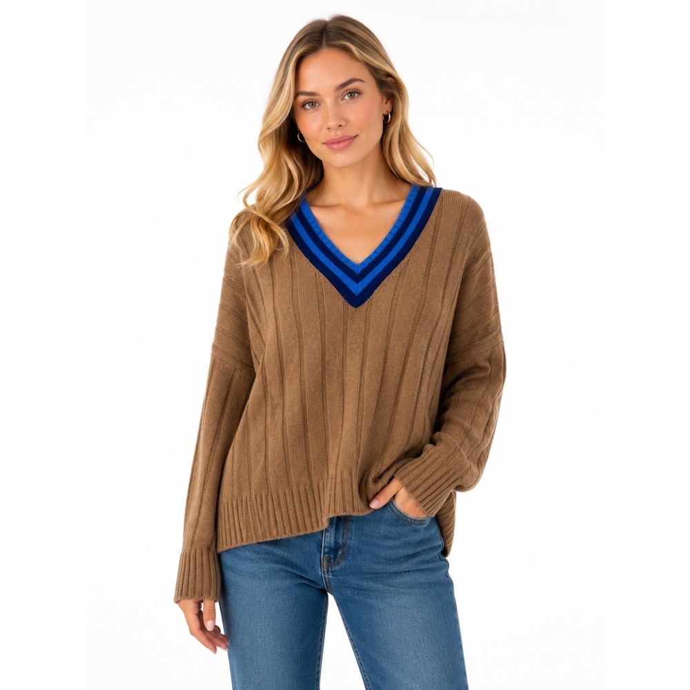 Madewell Womens Wool Blend Ribbed V-Neck Varsity Stripe Sweater Brown Blue L